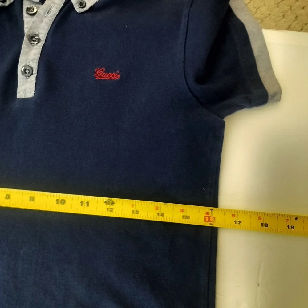 Gucci Mens Navy Blue Pique Polo Shirt‎ Web Stripe Collar Made in Italy XS